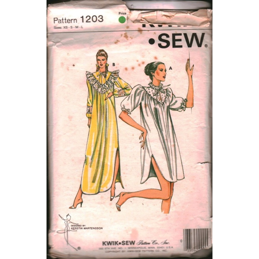 Vintage Kwik Sew 1203 Nightgown Pattern Kerstin Martensson Long Short Sleeve‎